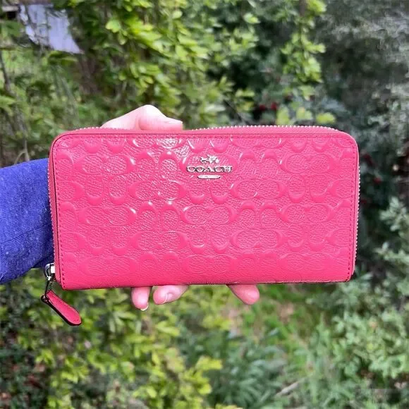 COACH Long Zip-Around Phone Wallet Pink Embossed Leather w Gold Hardware - Picture 1 of 8